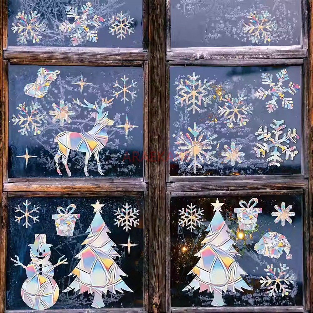 Snowflake Window Decal - 2er-Set elektrostatische Weihnachts-Fensterglasaufkleber mit Elch-, Schneeflocken-