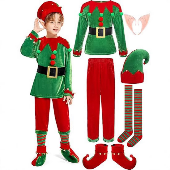Elf Costume Christmas - Weihnachtself-Kostümset Grünes Rotes Samt-Outfit mit Hut,